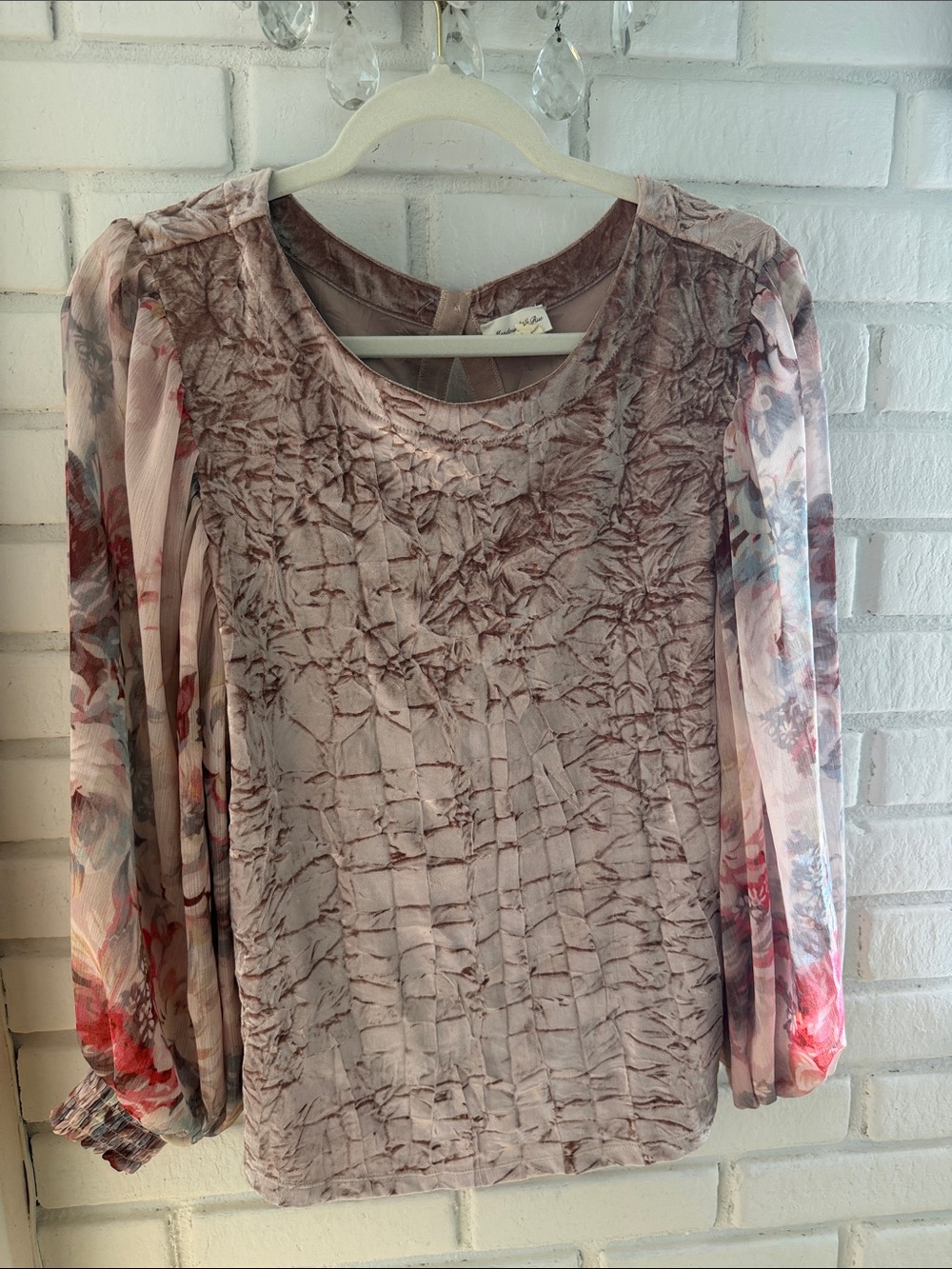 Anthropologie Blush Crinkle Front Blouse with Floral Sheer Sleeves
